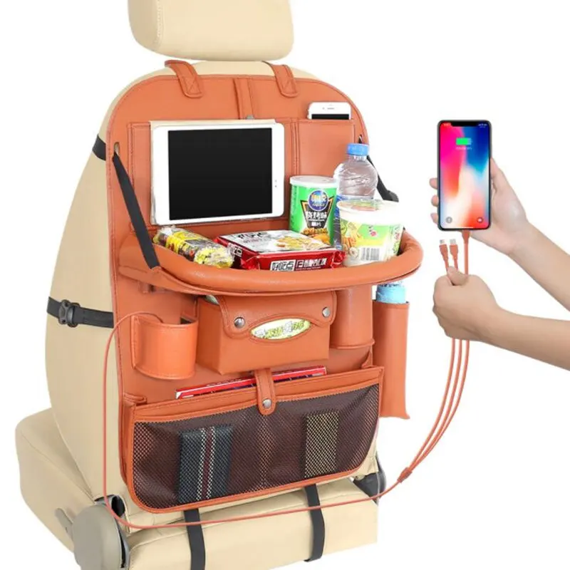 

3 USB Car Organizer Bag Seat Back Charge Phone Stowing Tidying Storage Auto Accessories Back Seat Kid Table Drink Holder Travel