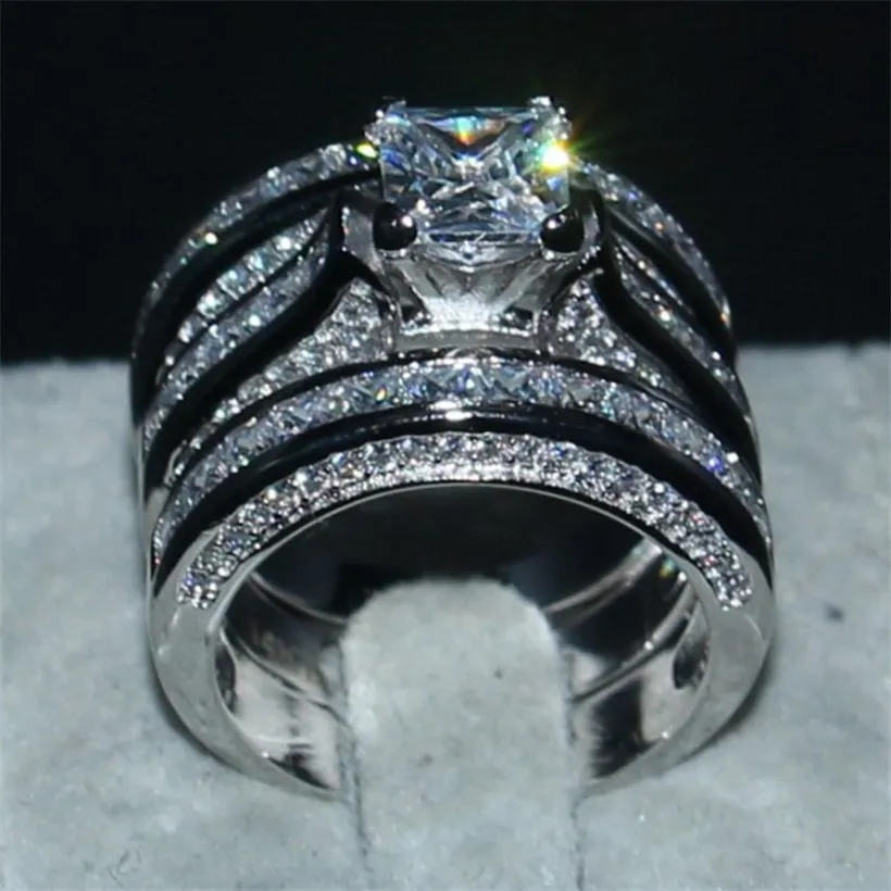 Choucong изделия класса люкс 7*7 мм Принцесса cut 20ct 5a Циркон 3-в-1 925 серебро и 14KT золотое покрытие обручальные кольца палец для Для женщин