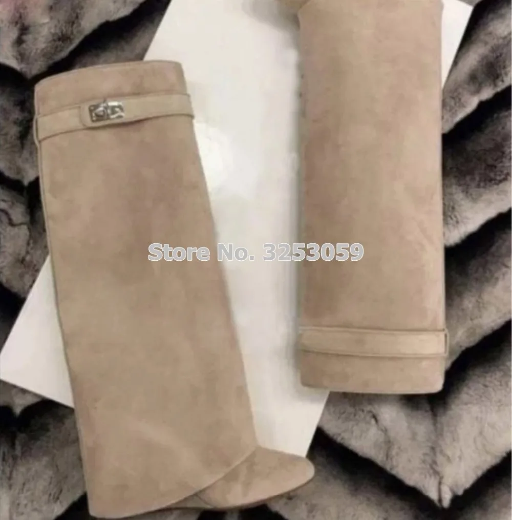

ALMUDENA Top Brand New Color Nude Suede Shark Lock Knee High Tall Boots Wedge Heels Folded Metal Decoration Long Boots Dropship