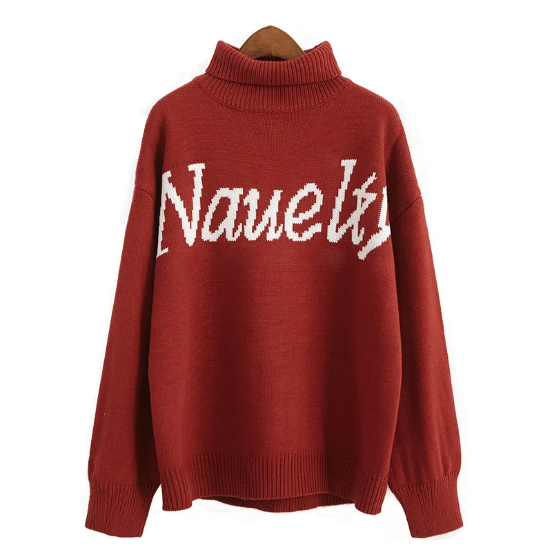 Женский вязаный свитер-водолазка Свободный пуловер с надписью зимний топ 2018 |