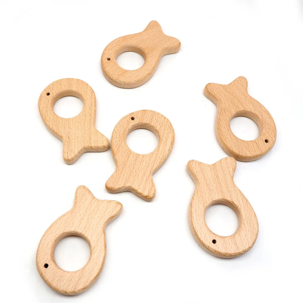Chenkai 10pcs Wood Fish Teether Ring DIY Organic Eco-friendly Unfinished Nature Baby Pacifier Rattle Teething Grasping Toys