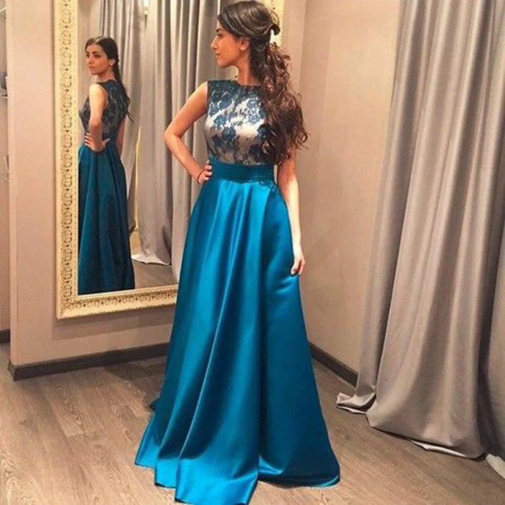 Халат Noire Сексуальная О Шея Павлин Синий Длинное Вечернее Dress Party закрытое Назад