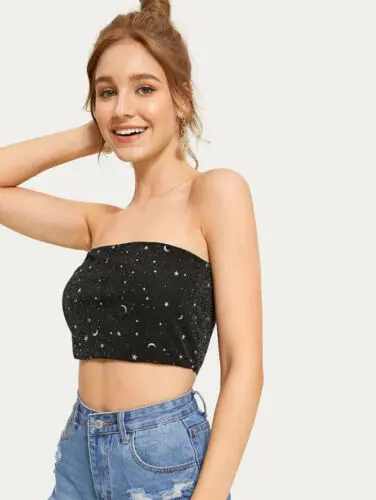 Женский Короткий Топ без бретелек с блестящими звездами бандо черный модный