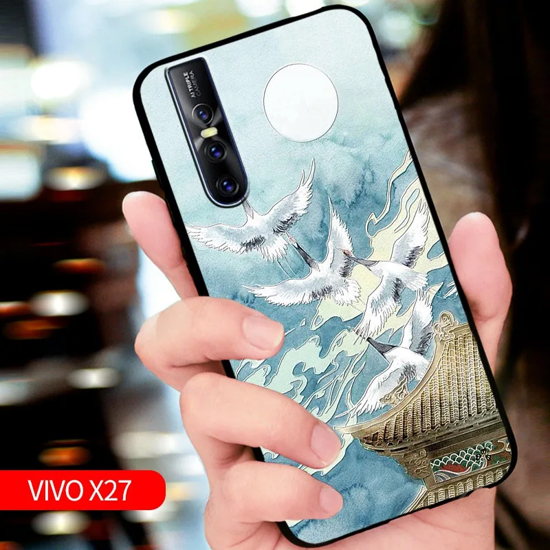 

Embossed vintage East Asian Chinese Japanese style case For VIVO X27 VIVOX27 Snow Mountain Decree Crane cover