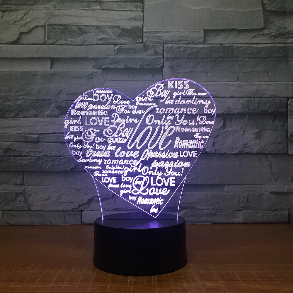 Сердца и буквы 3d светодиодные лампы 7 цветов ночник для детей сенсорный Led Usb