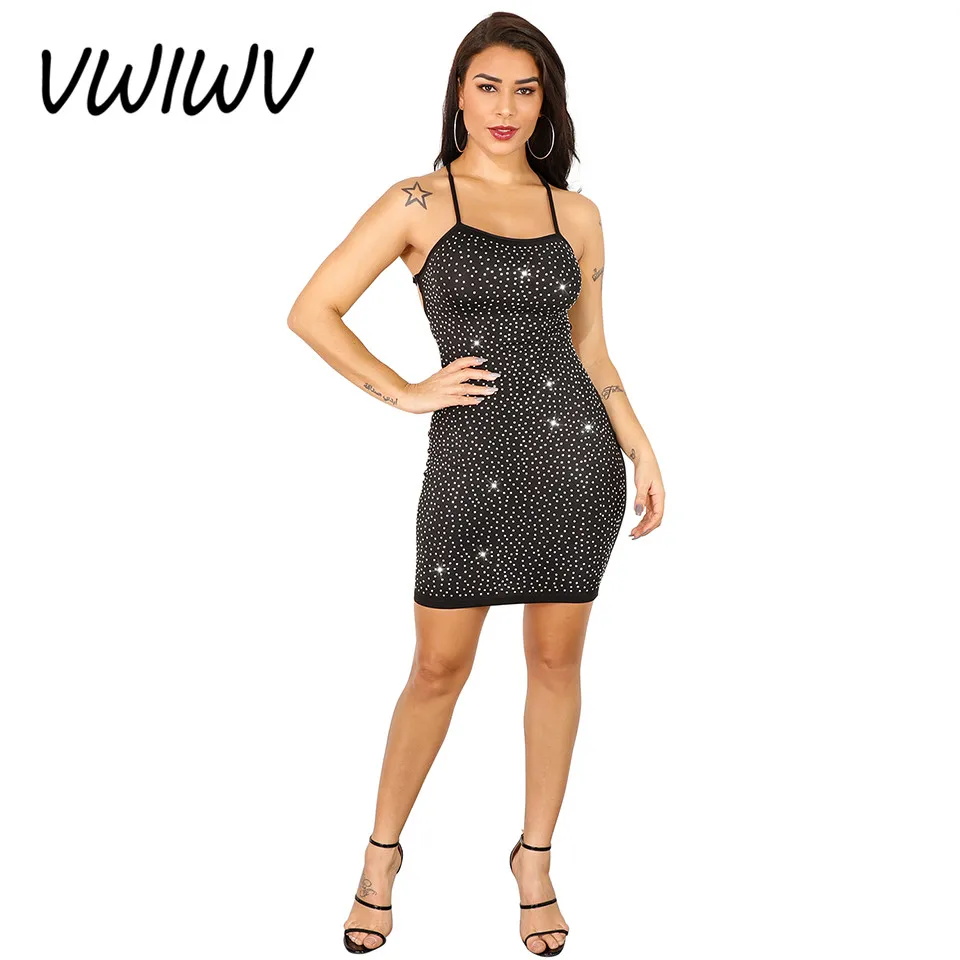 

VWIWV 2019 Lace Up Backless Strap Dress Sexy Sequin Club Mini Dress