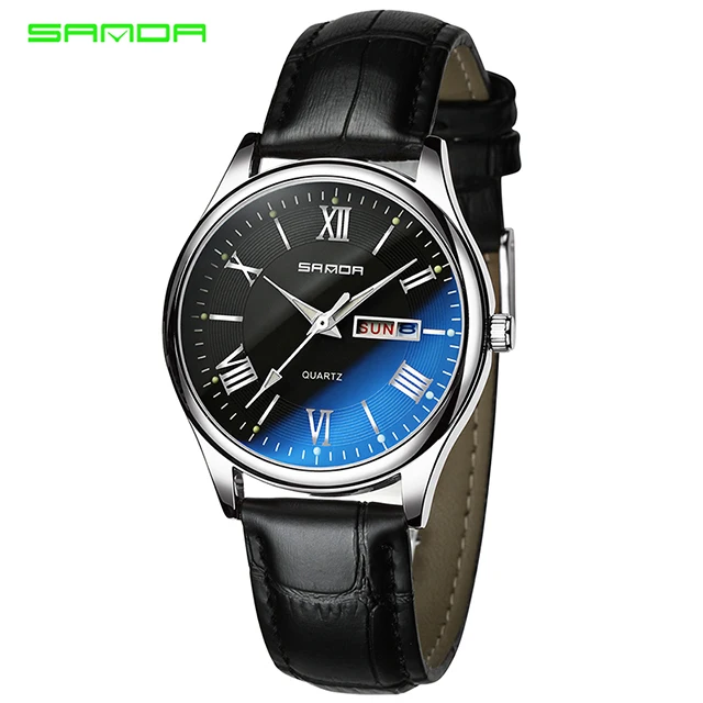 blk blk silver SANDA светящиеся кварцевые часы мужские часы деловые черные кожаные Наручные часы Роскошные мужские часы Geneva Relogio Masculino - Цвет: blk blk silver