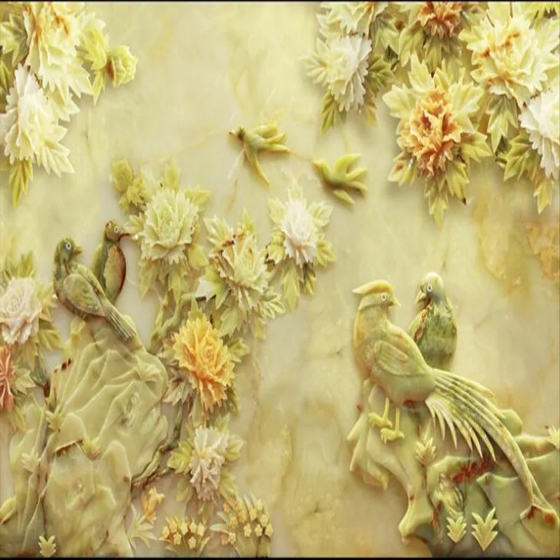 wellyu Custom large - scale murals jade carving peony magpie mandarin ducks wealth auspicious TV background wall wallpaper | Обустройство