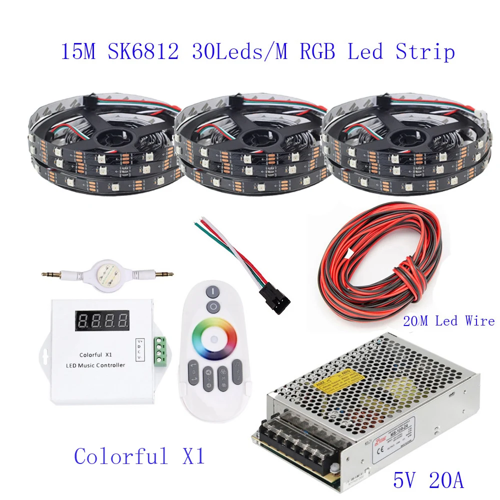 20M 15M 10M 5M WS2812B LED Strip IC 30 leds/M RGB Smart Pixel + Colorful X1 Led Controller power supply | Лампы и освещение