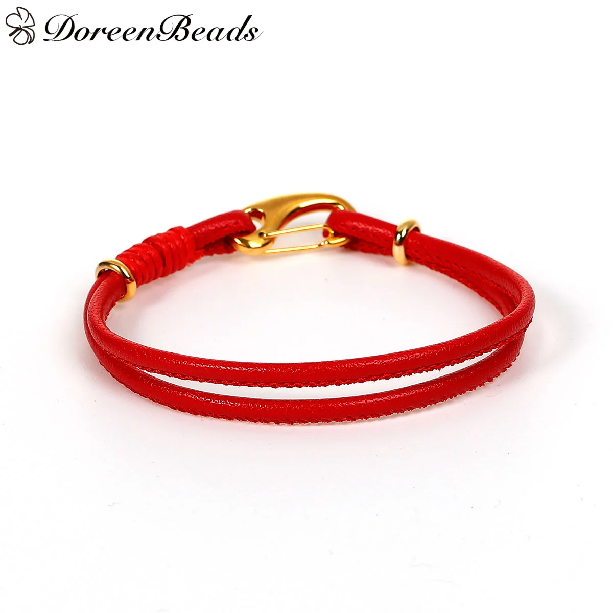 DoreenBeads PU Leather European Style Double Layer Charm Bracelets Red Cord gold color Clasp 19.5cm(7 5/8") long, 2 PCs