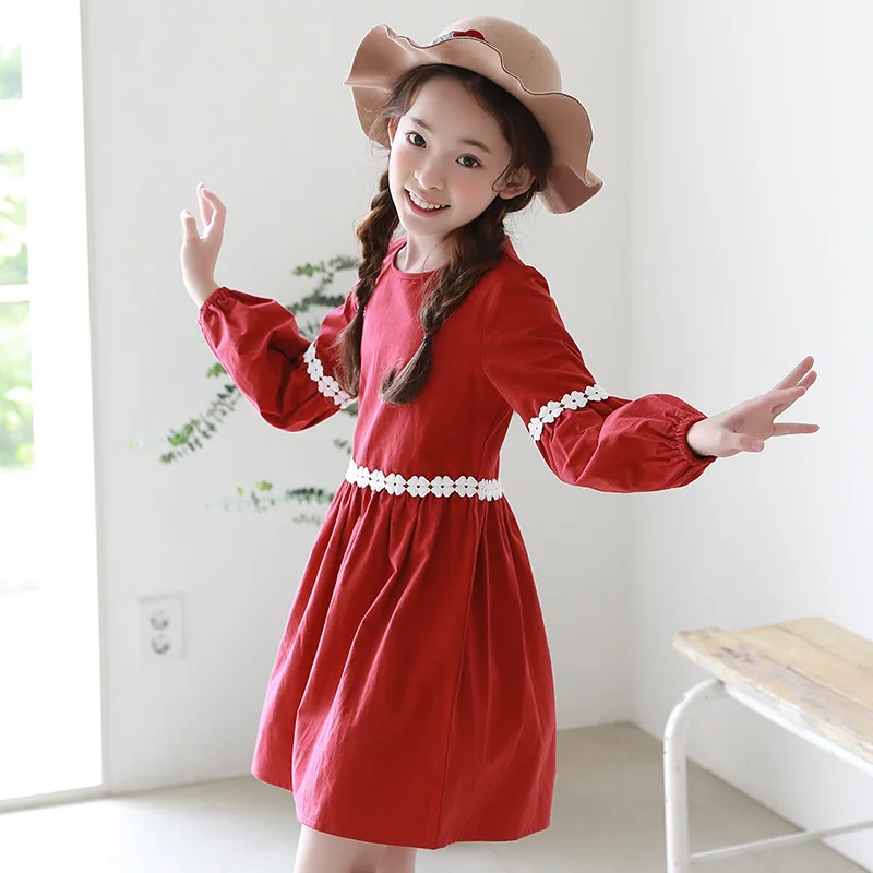 floral patchwork red lantern sleeve school new arrival girls dresses a line teen 14 12 10 8 6 4 children clothing | Детская одежда и