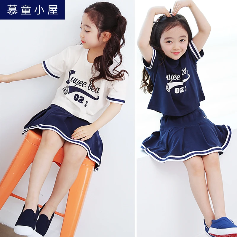 Марка лето хлопок буквы футболка и юбка Детский комплект спортивной одежды для