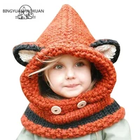 bingyuanhaoxuan2017 winter outdoor hats knitting wool cat soft warm hats for baby girls shawl beanie hats caps set and scarf set