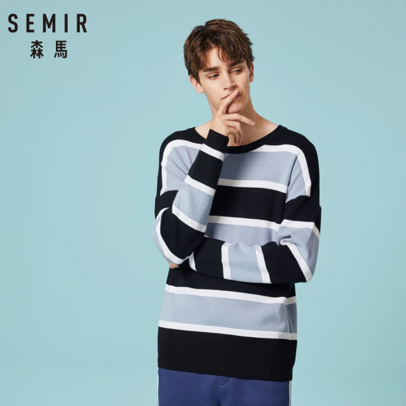 SEMIR Мужской мягкий вязаный полосатый свитер с опущенным плечом пуловер