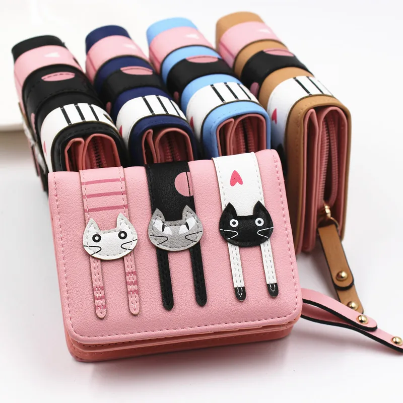 Милый Кот аниме Для женщин кошелек складываются в три раза для девочек кожаные