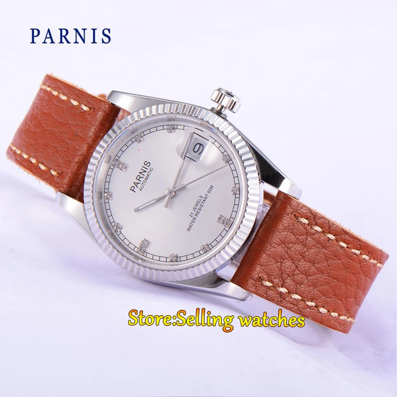 Мужские часы Parnis с белым циферблатом светящимся сапфировым стеклом кожаным