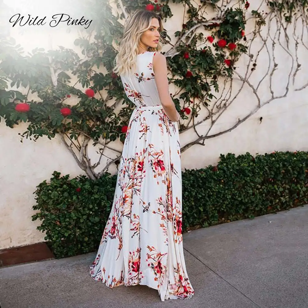 WildPinky Women White Floral Print Dress Sexy Summer Boho Deep V-neck Maxi Split Drawstring Beach Dresses Vestidos | Женская одежда