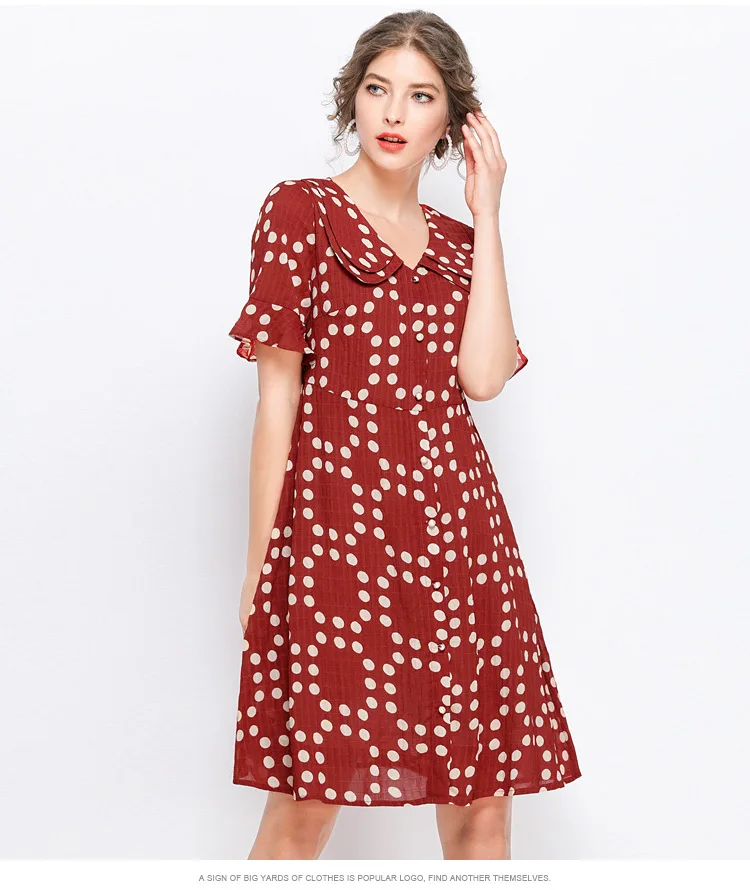 Летнее модное элегантное платье миди в горошек красивое с воротником Питер Пэн