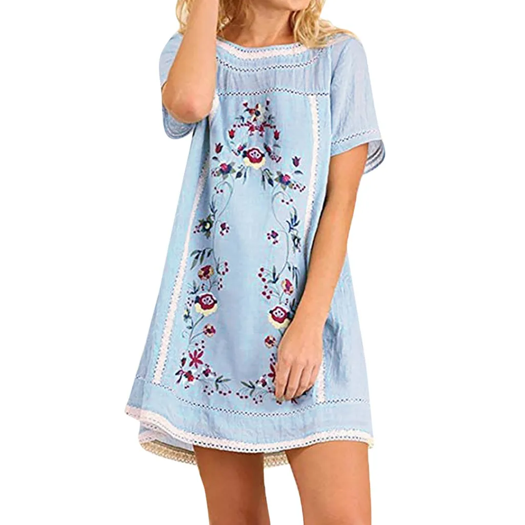 JAYCOSIN женское летнее платье богемное с вышивкой и коротким рукавом или туника