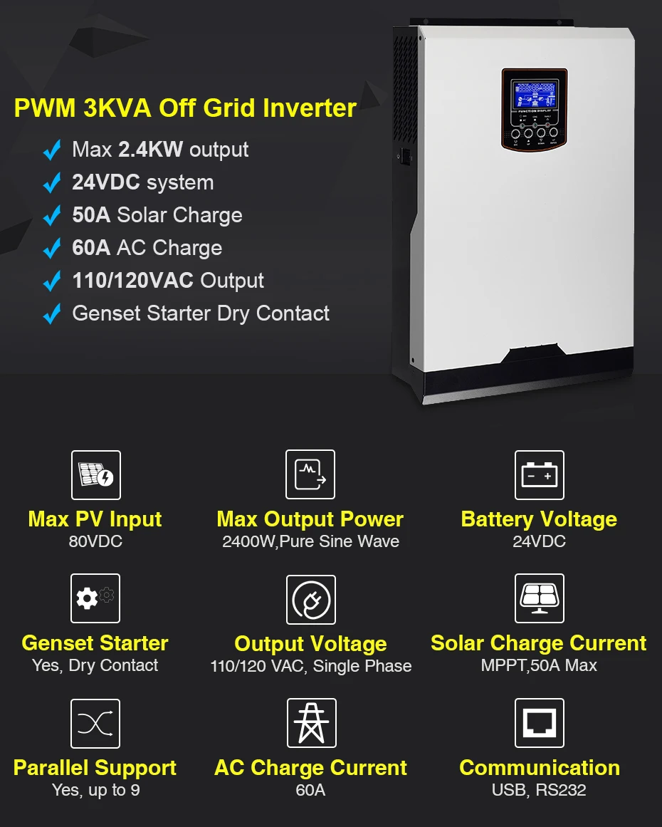 Солнечный инвертор 110V PWM 3Kva 2400W безсеточный Инвертор 24V 120V 50A PWM чистый синусоидальный инвертор 60A зарядное устройство для батареи солнечный инвертор