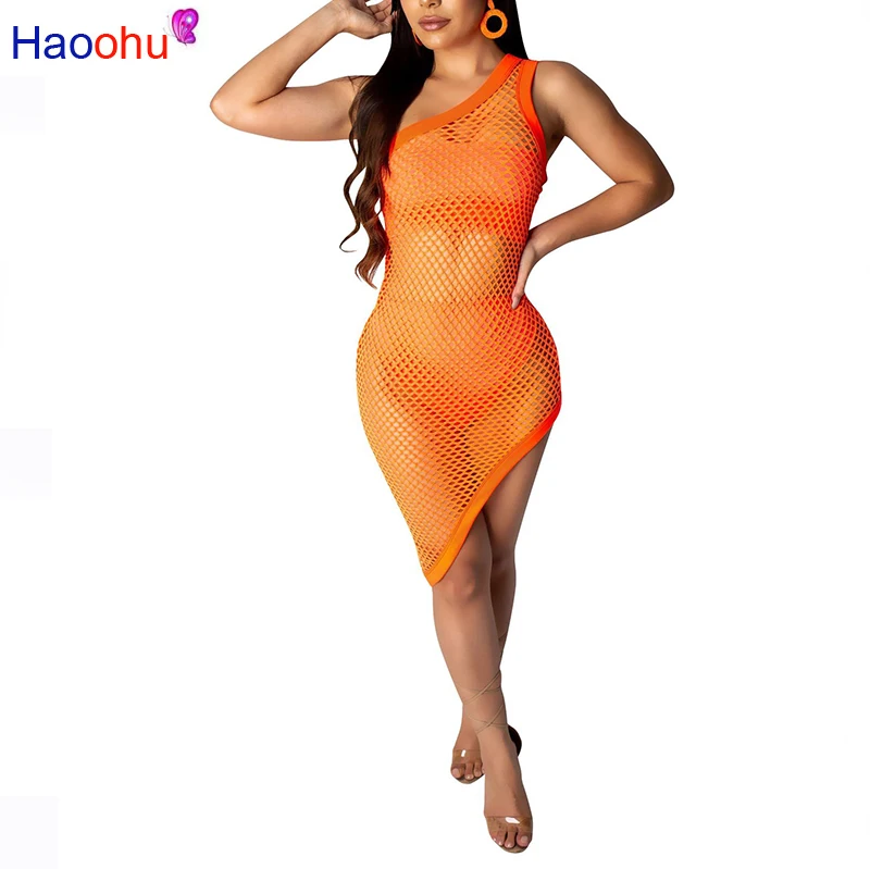 

HAOOHU Neon Fishnet Mesh 3 Piece Set Women Summer One Shoulder Dress+Crop Top+Panties Sexy Club Beach Outfits Matching Sets