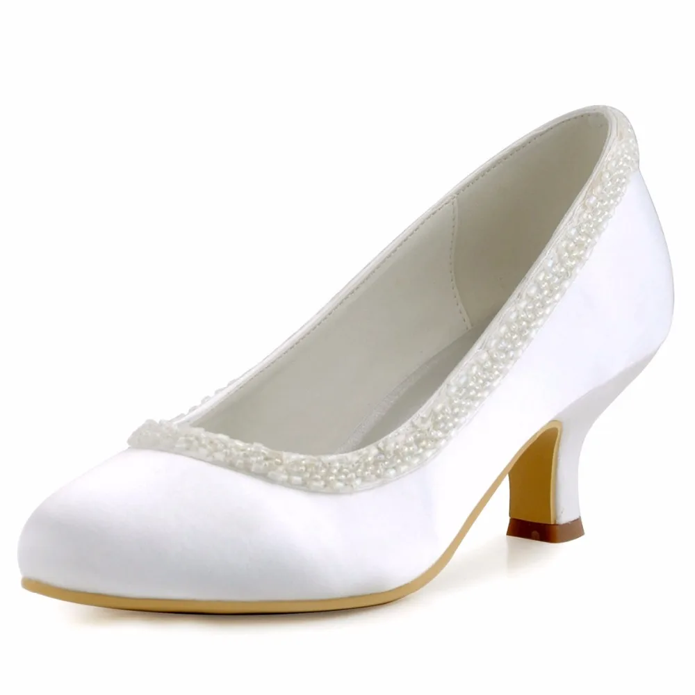 Обувь Женщина EL 005CC Белый Свадьба Насосы Вечерние Пром Закрытый Круглый Toe