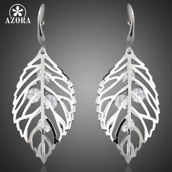AZORA The Leaves White Gold Color Stellux Austrian Crystal Drop Earrings TE0040 | Dangle