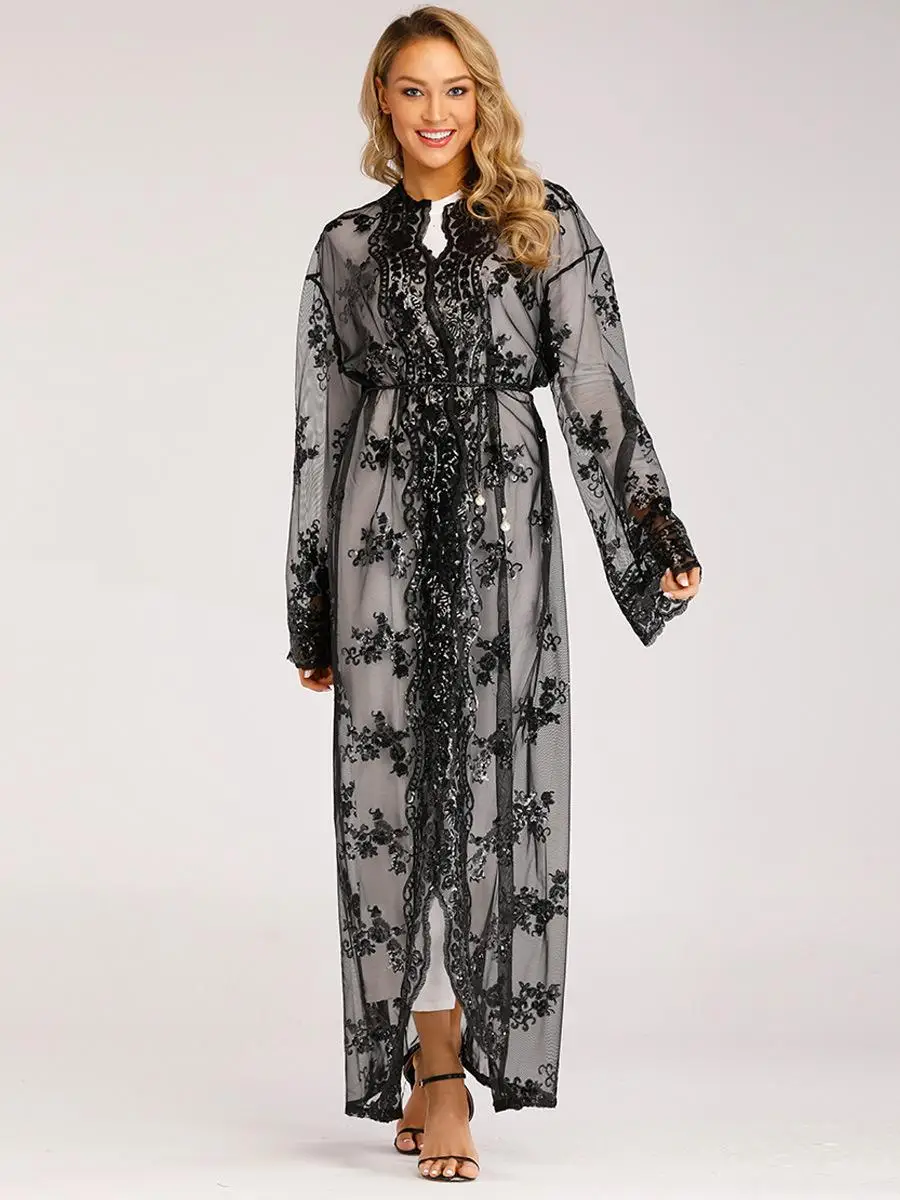 Роскошное кимоно с блестками для женщин abaya Дубай молитва открытый передний кафтан мусульманский с длинным рукавом Кардиган Платье Рамадан халат арабское