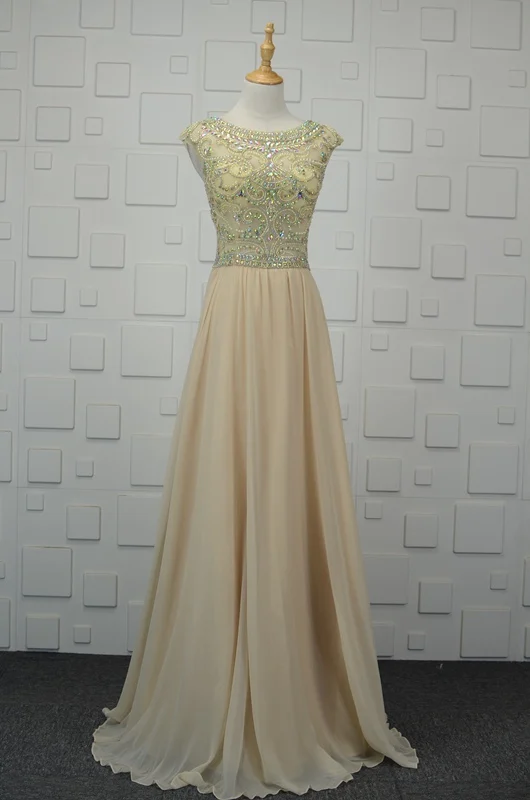 

See Though Beaded Chiffon Champagne Evening Dresses Long Prom Gown Vestido Longo Prom Dress 2019 Wedding Bridal Party Gown 052