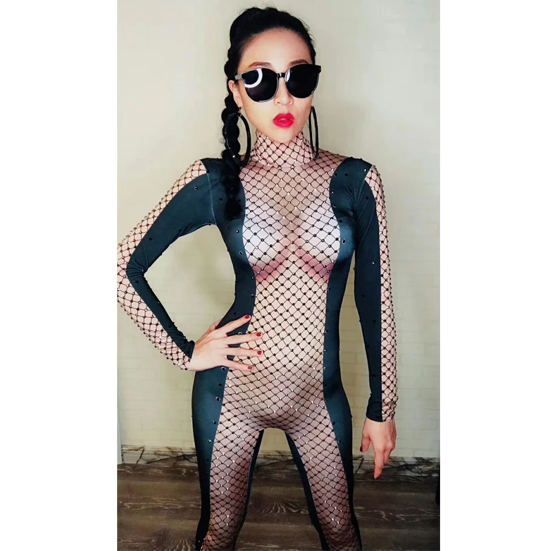 Черный сетчатый боди Zentai сексуальные джазовые танцевальные костюмы женский