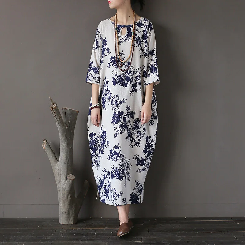 Женское Ретро Чернильное свободное платье с рисунком длинное винтажное 2017