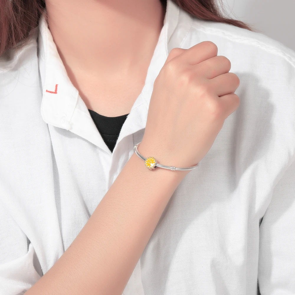 Пошаговый вперед подлинное серебро 925 пробы оранжевый цветок Шарм Fit браслет и