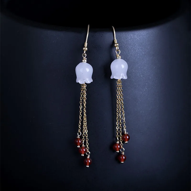 Женские серьги кисточки из серебра 925 пробы с нефритовыми