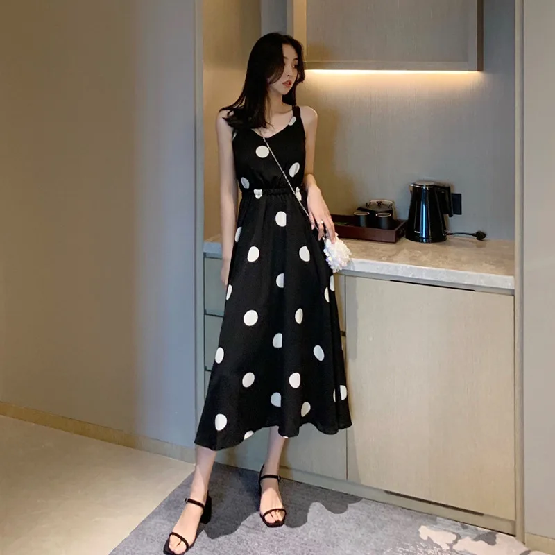 Платье на бретельках Shot длинное с открытой спинкой в горошек вырезом спине во