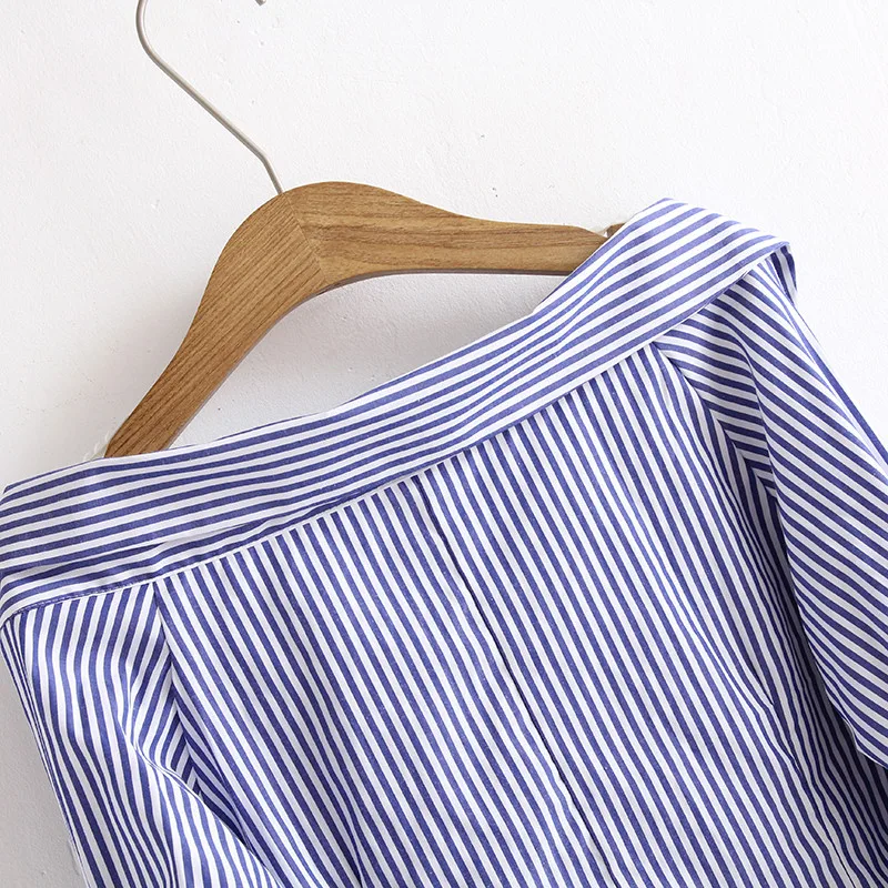 2018 Демисезонный Новинка футболки Для женщин Мода синий зеленый полосатый v