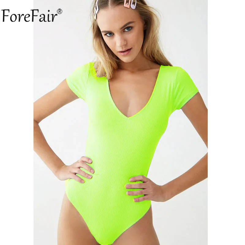 Neon Green Forefair, женское обтягивающее сексуальное боди, лето, женское, черное, белое, тонкое, v-образный вырез, короткий рукав, неоновое боди - Цвет: Neon Green