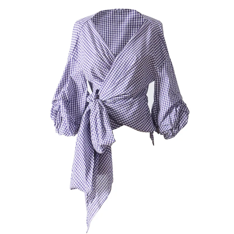 Women summer irregular blouse solid plaid slim v-neck half lantern sleeve fashion streetwear elegant C824 |