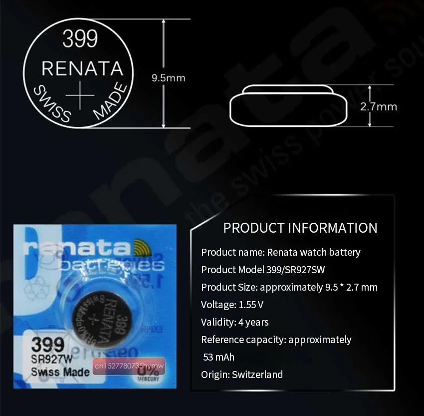 100 упаковка RENATA Swiss 399 SR927W 1 55 V для часов серебряные часы батареи|Часовые батарейки|