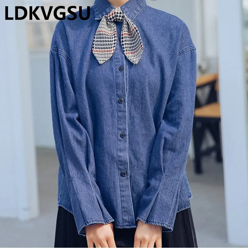 

2019 Spring Autumn New Denim Shirt Women's Wild Long-Sleeve College Wind Single Breasted Fashion Lapel Female Blouse Tide Is1640