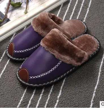 purple Женские тапочки для зимы; модная кожаная обувь для дома размера плюс; DB013 - Цвет: purple