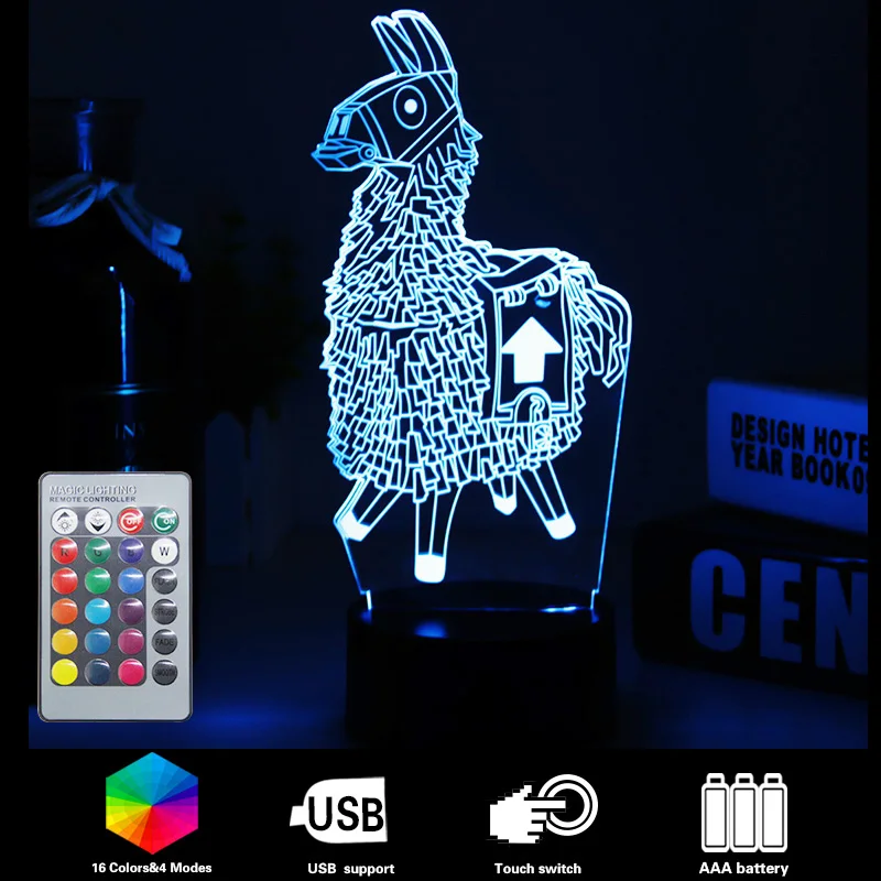 Дистанционный 3D ночник детский Fortnit игра Альпака лама 16 цветов Настольная лампа
