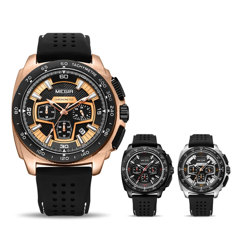 MEGIR Chronograph Men Sport Watch Fashion Silicone Army Military Watches Relogio Masculino Quartz Wrist Clock 2056 | Наручные часы