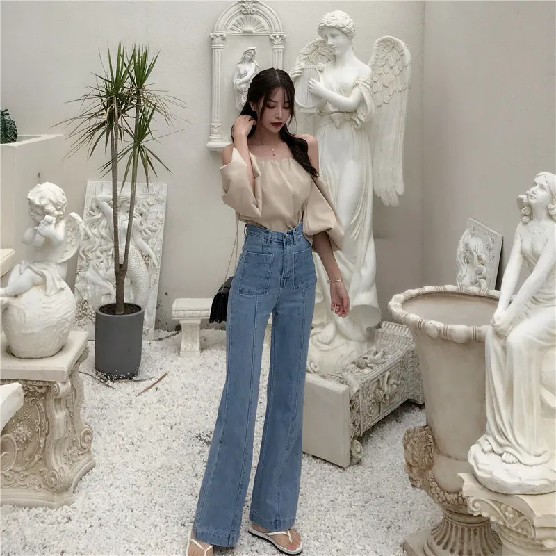 Женские винтажные расклешенные джинсы с высокой талией высококачественные