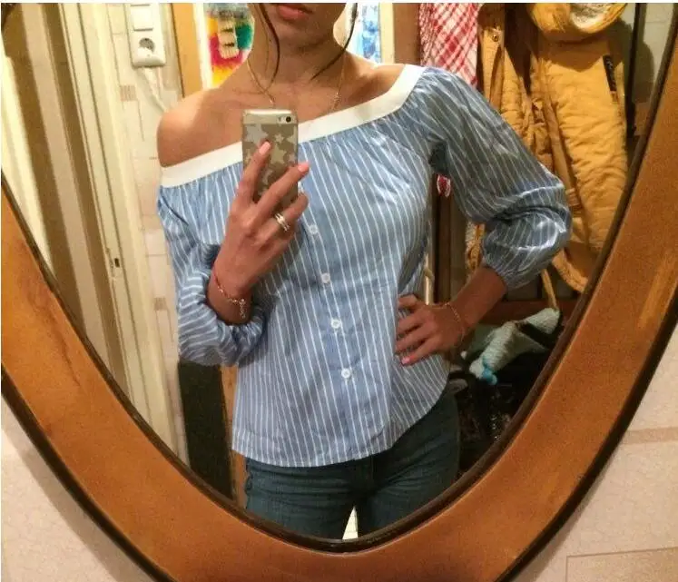 Женская блузка рубашка топы платье футболка Pull Blouson синяя белая полосатая с