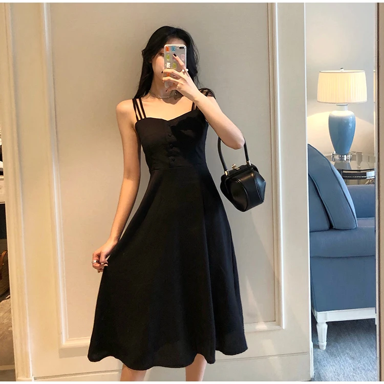 Hong Kong-style retro off-the-shoulder waist slim slimming women's Hepburn black strap dress | Женская одежда