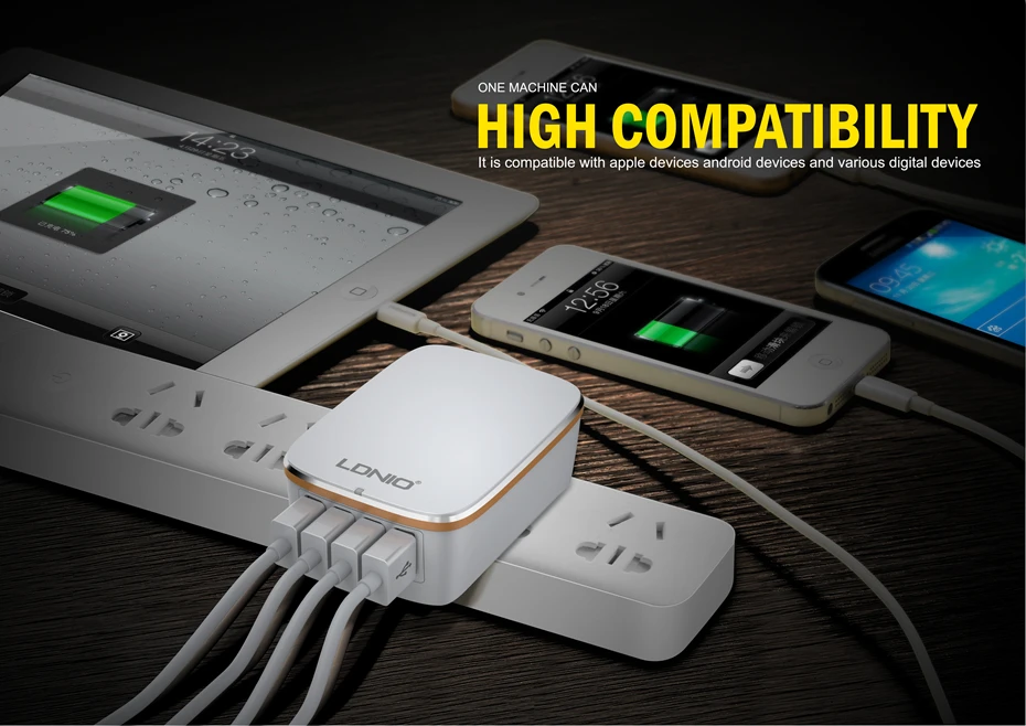 LDNIO A4404 четыре usb порта DC5V-4.4A выход портативное быстрое зарядное устройство для дома с Apple USB кабель