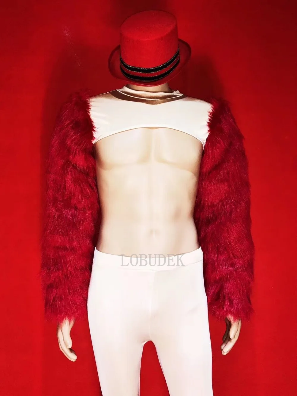 Мужской костюм для ночного клуба DJ DS красный топ с искусственным мехом белые