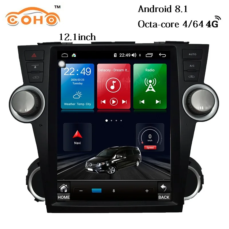 Highlander Android 8,1 4+ 64G 8-ядерный 12,1 дюймов Tesla радио мультимедиа 1 din android для 2008- Toyota Highlander