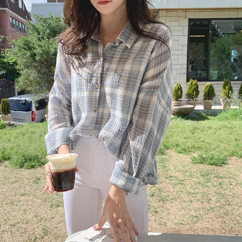 Женская Свободная блузка в клетку зеленая туника на пуговицах с длинным рукавом