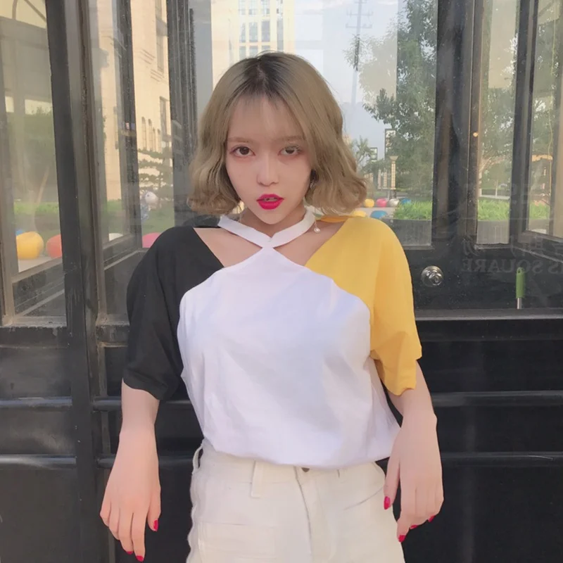 Летняя шикарная 2018 Персонализированная женская короткая футболка с открытыми